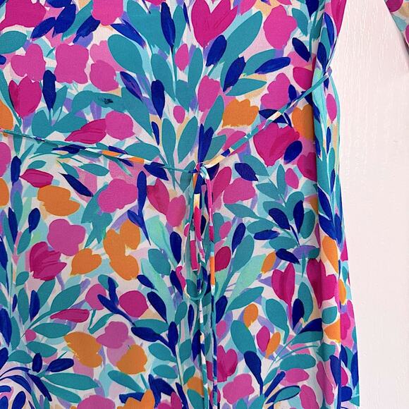 Tyler Boe 100% Silk Floral Midi Dress V-Neck Short Ruffled Sleeves A-Line Small - Picture 8 of 16